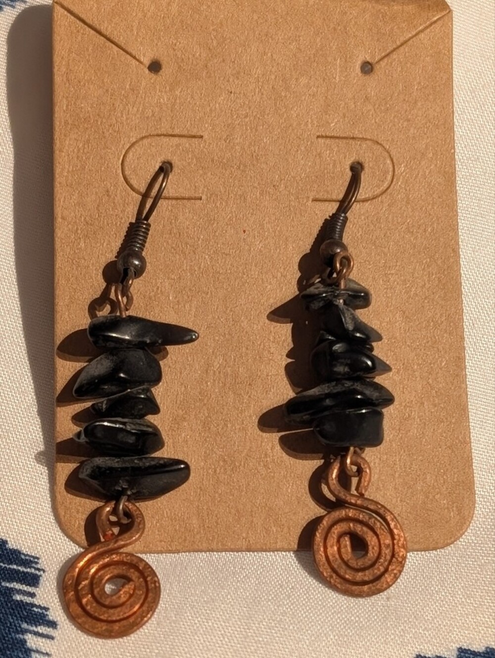 Black Stone Drop Earrings with Copper Spiral Detail